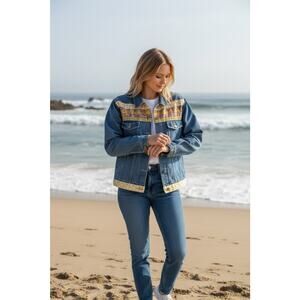 Upcycled Agapo Women's L Blue Denim Applied Asian Thai Lao Sari Trim Jacket